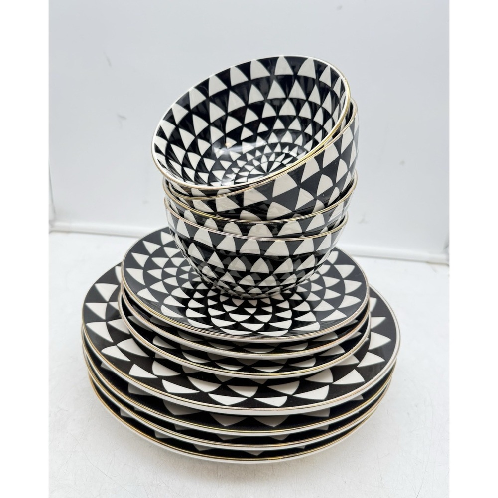 Thyme & Table Black White Medallion Stoneware Set 9pc Gold Rim Plates Bowls FLAW
